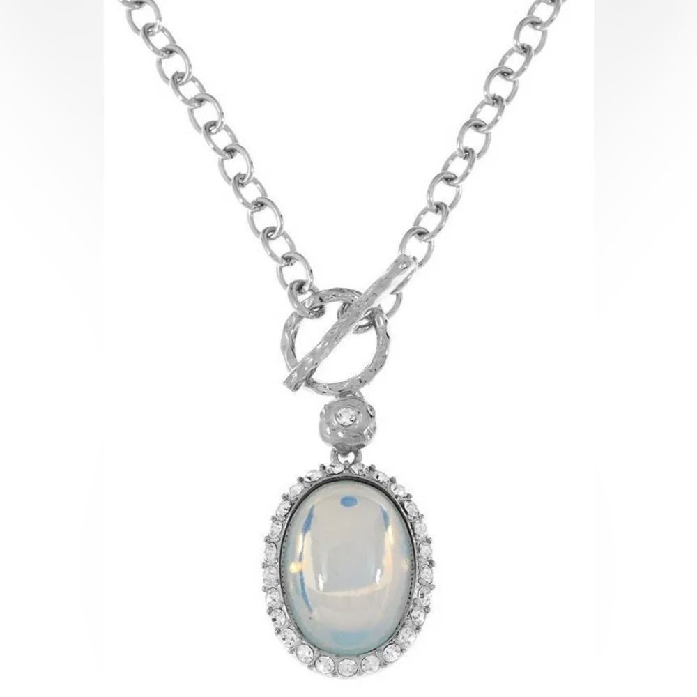 Designer Kenneth Jay Lane Silver Tone Opalite & Crystal Necklace, 18" Length